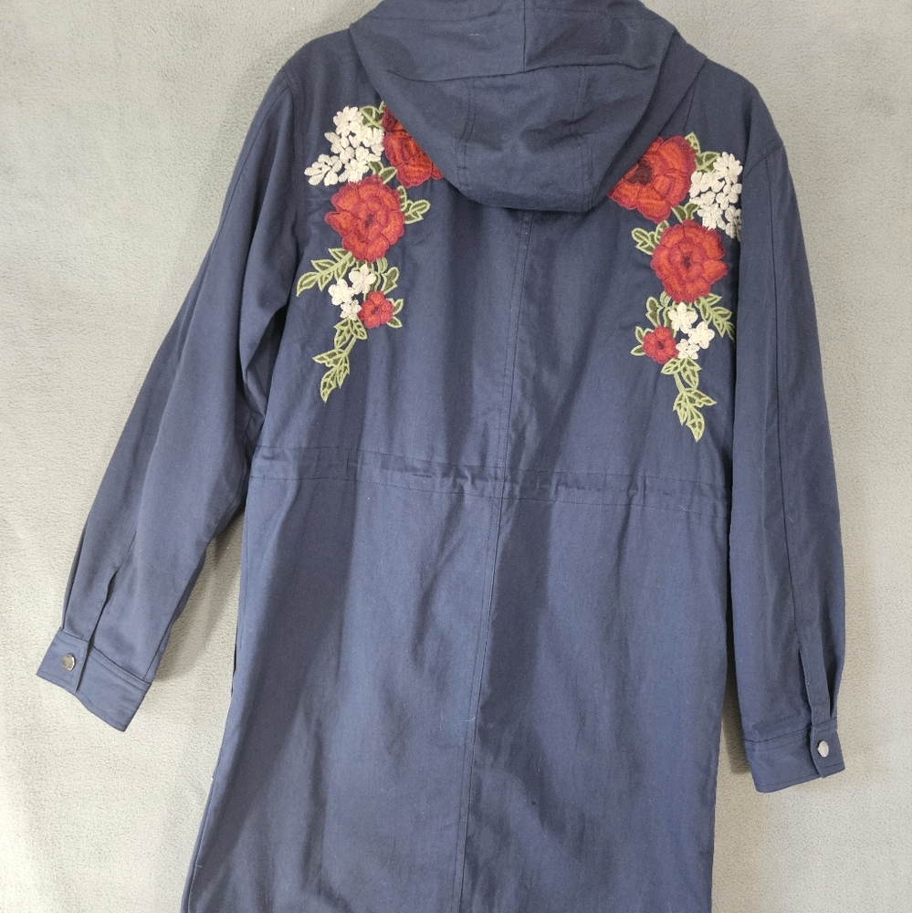 Tea N Rose Womens S / M Trench Military Jacket Boho Navy Red Embroidery Floral